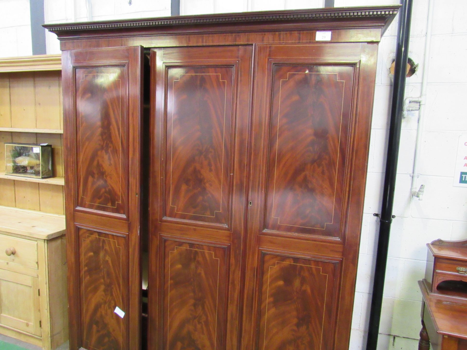 Edwardian Mahogany 3 section wardrobe, with hanging space above drawers, and flame mahogany panel - Image 2 of 7