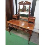 Mahogany dressing table with three frieze drawers, mirror flanked by two small cabinets, turned legs