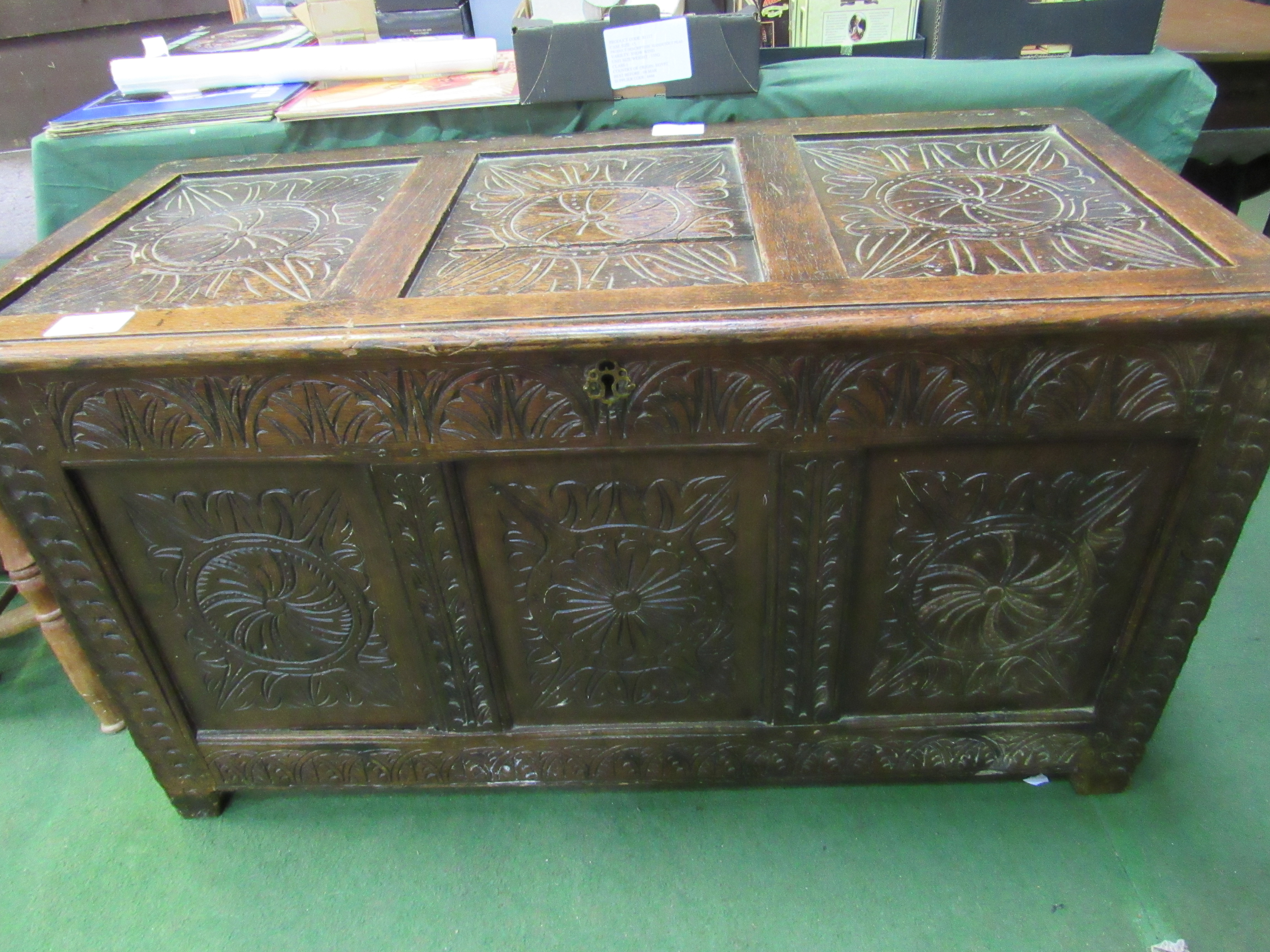 18th Century carved panel chest, as found. 123 x 56 x 66cms. Estimate £40-60. - Image 3 of 4
