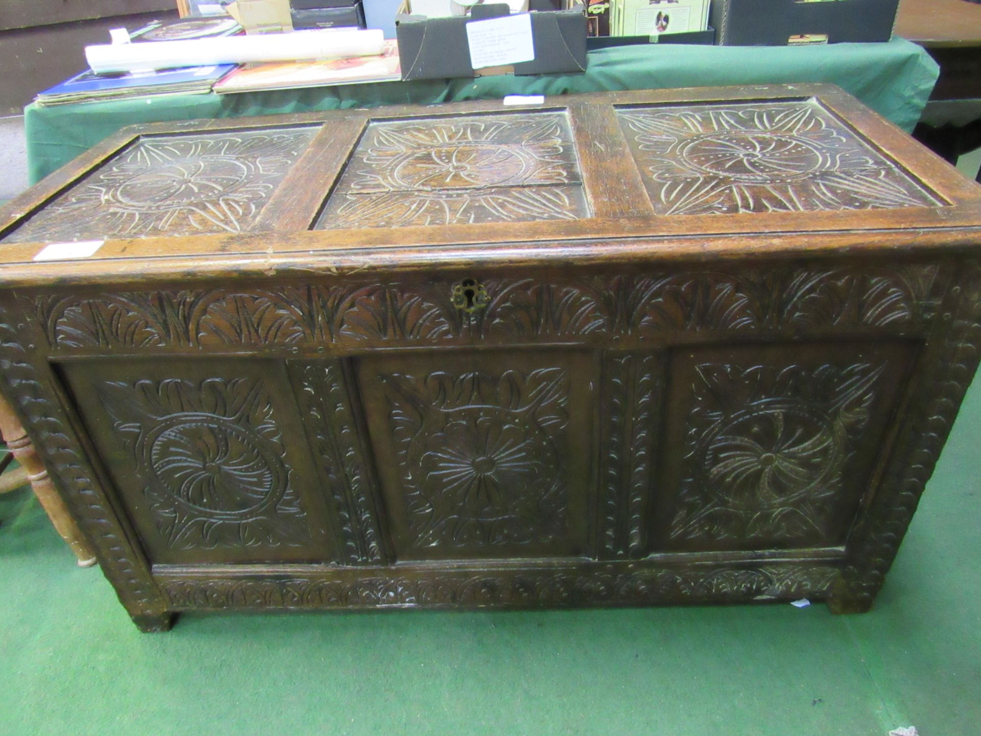 18th Century carved panel chest, as found. 123 x 56 x 66cms. Estimate £40-60. - Image 3 of 4