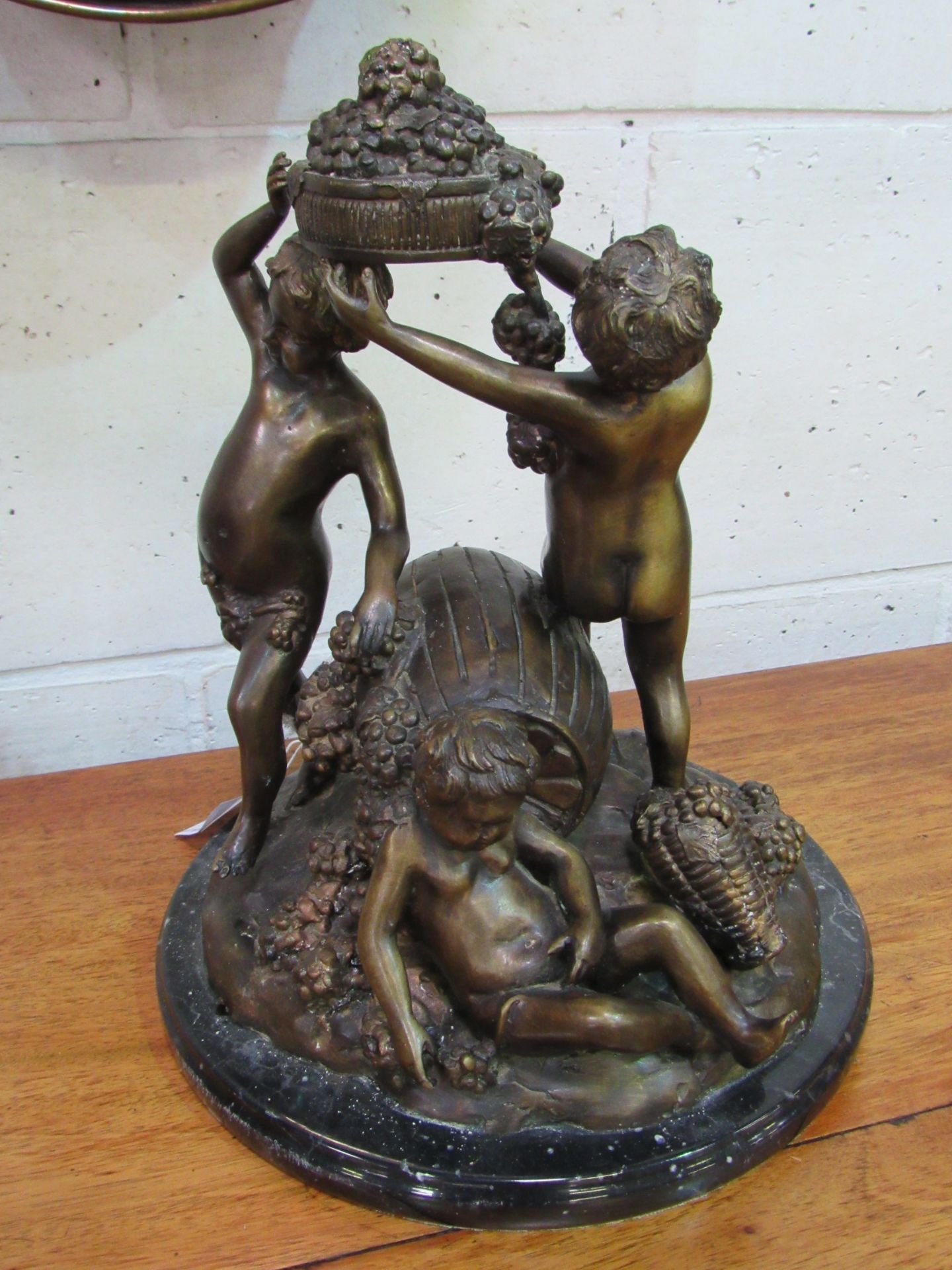 Large bronze figural set of 3 Bacchanalian nude boys on marble base. Estimate £60-90. - Image 3 of 3