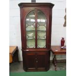 Mahogany corner cabinet with glazed doors over 2 door cupboard , 100 x 65 x 210cms. Estimate £20-