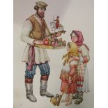 10 unframed watercolours of Russian peasants of the late 19th Century by Fedorov Oleg 1995/96.