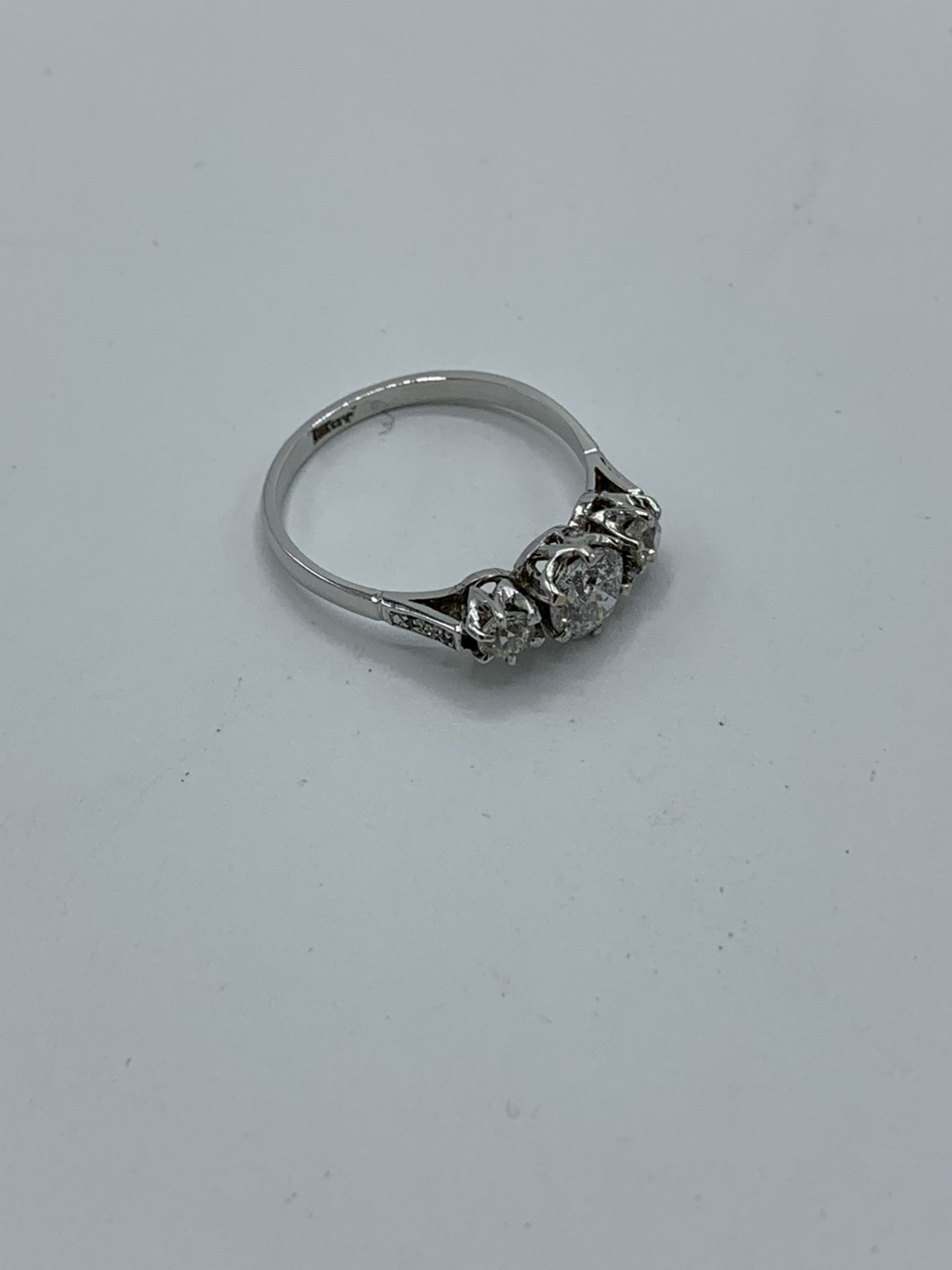 18ct white gold 3 stone old cut diamond ring, weight 2.7gms, size Q 1/2. Estimate £700-750. - Image 4 of 4