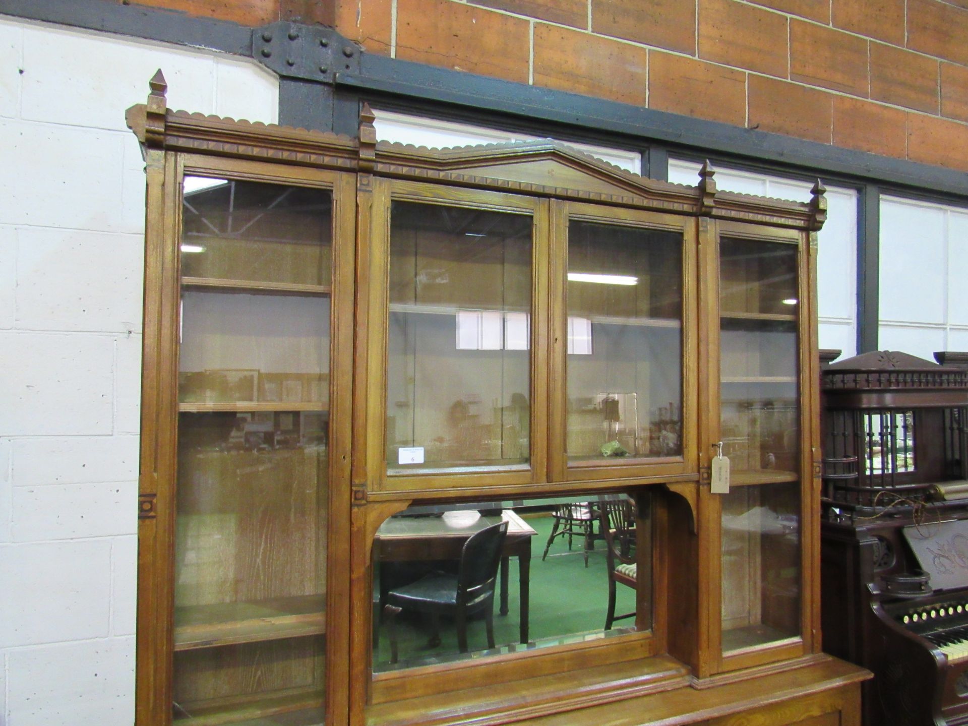 Oak glass top display cabinet with mirror and 2 cupboards to base. 210 x 42 x 236cms. Estimate £50- - Image 3 of 4