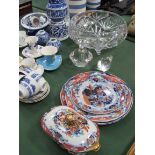 4 Spode plates as found and a Spode covered dish; 2 Aynsley cups and saucers; 8 other cups and