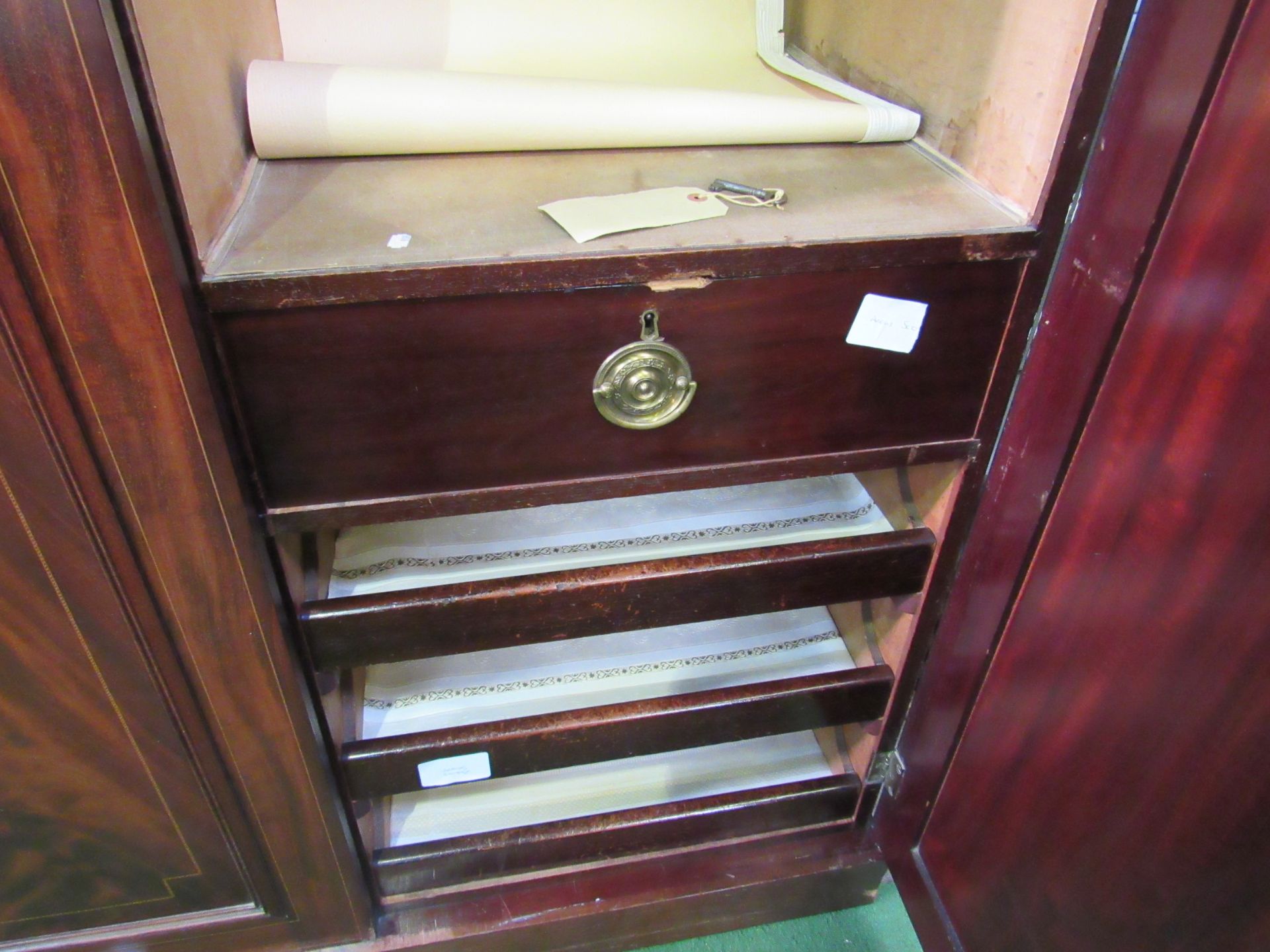 Edwardian Mahogany 3 section wardrobe, with hanging space above drawers, and flame mahogany panel - Image 7 of 7