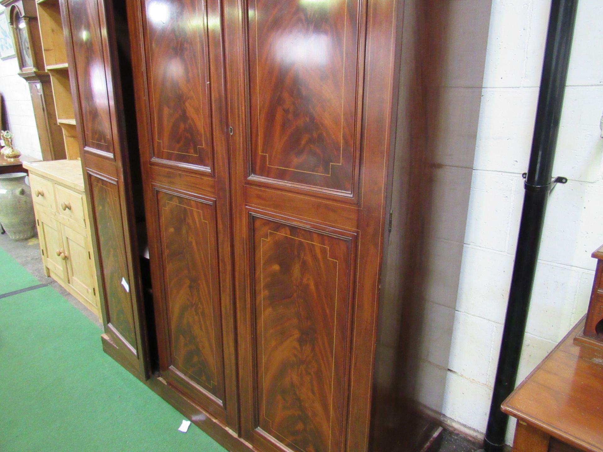 Edwardian Mahogany 3 section wardrobe, with hanging space above drawers, and flame mahogany panel - Image 4 of 7