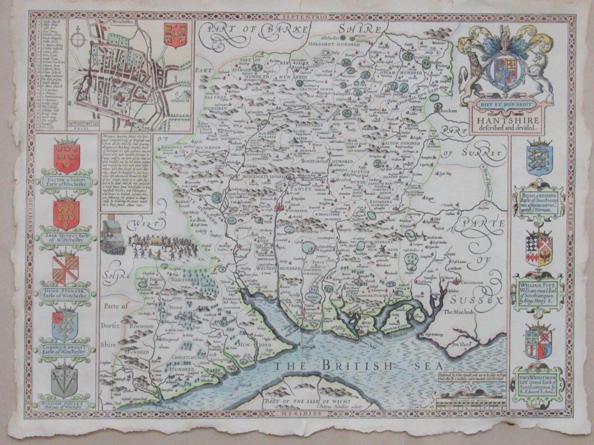Framed and glazed map of Hampshire by John Speede. Estimate £30-50.