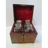 Victorian mahogany campaign tantalus with 4 liqueur bottles. Estimate £150-200.