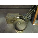 2 brass coal buckets, fire dogs, brass fire irons and brass kindling box. Estimate £30-40.