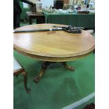 Mahogany circular tilt top table, on turned and carved pedestal to 3 feet. Diameter 116cms. Estimate