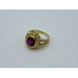 18ct gold handmade ruby and diamond cluster ring, ruby weight approx 5ct, size M 1/2, weight 8.6gms.