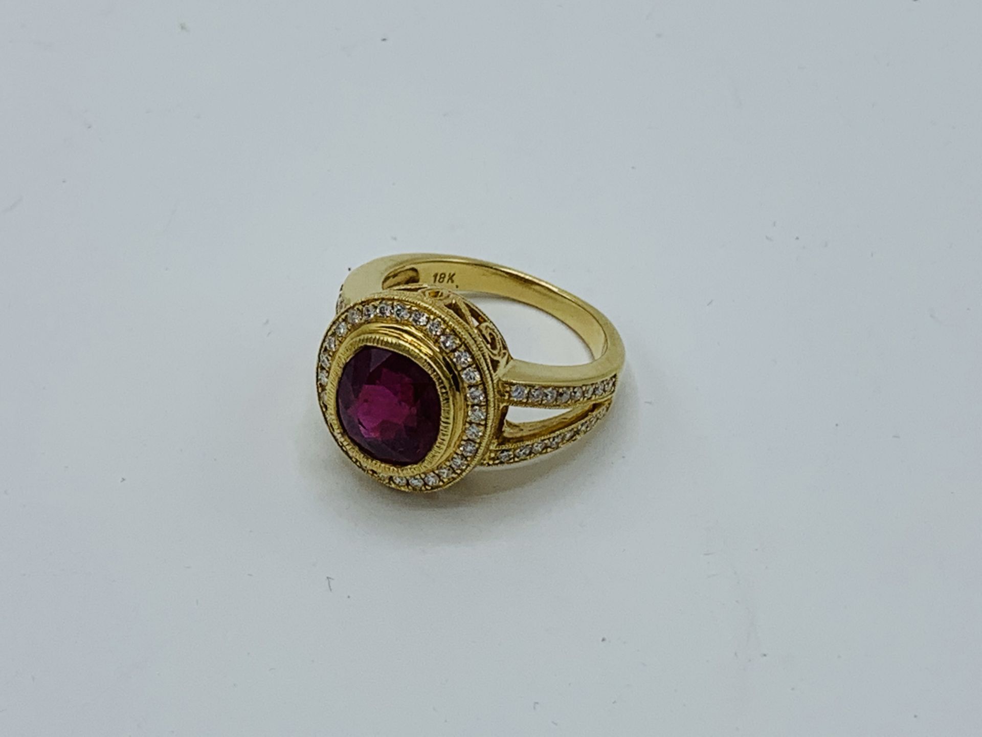 18ct gold handmade ruby and diamond cluster ring, ruby weight approx 5ct, size M 1/2, weight 8.6gms.