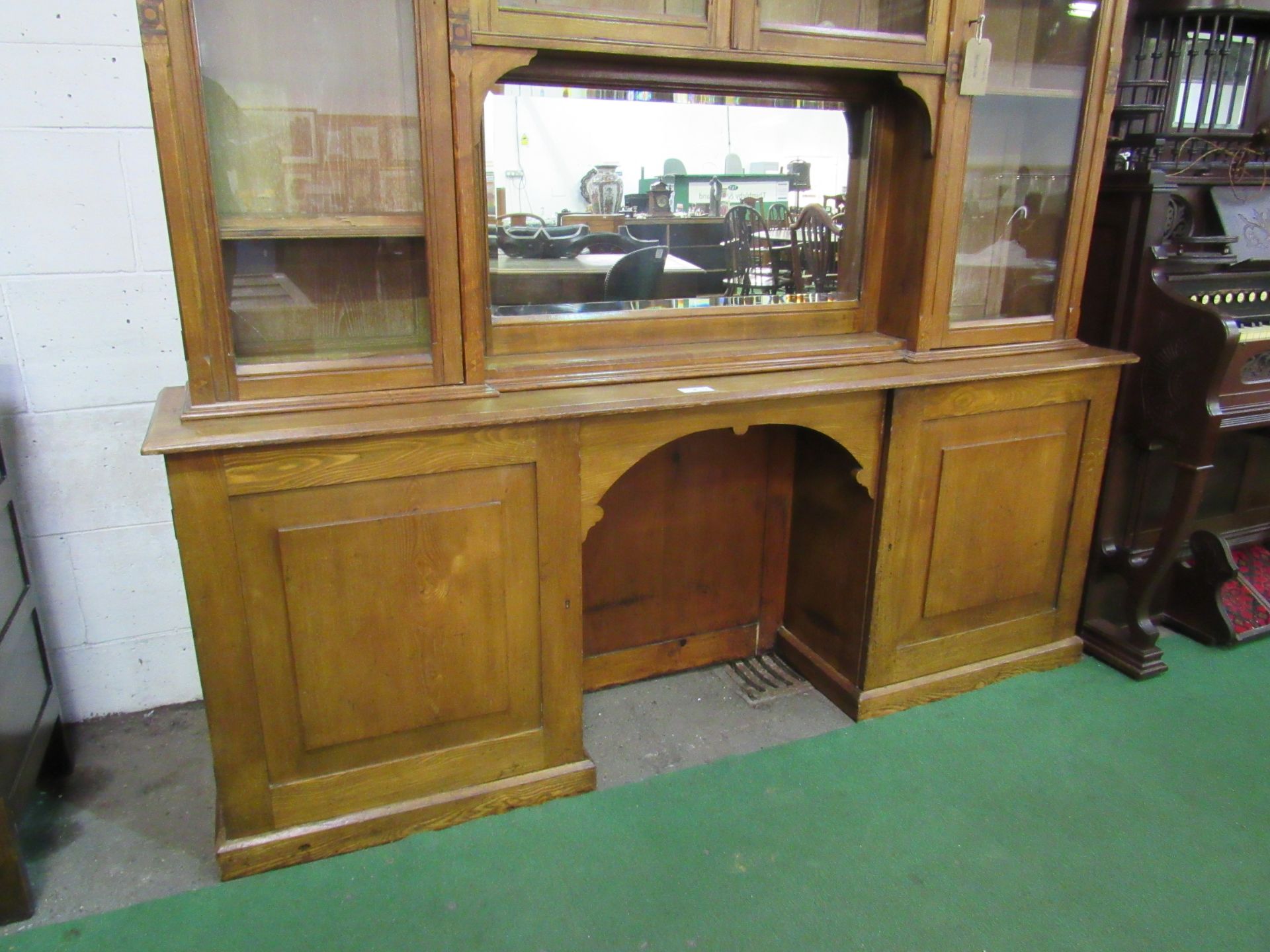 Oak glass top display cabinet with mirror and 2 cupboards to base. 210 x 42 x 236cms. Estimate £50- - Image 2 of 4