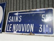 Large circa 1930's French enamel road sign, blue & white, 100 x 50cms. Estimate £100-150.