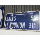 Large circa 1930's French enamel road sign, blue & white, 100 x 50cms. Estimate £100-150.