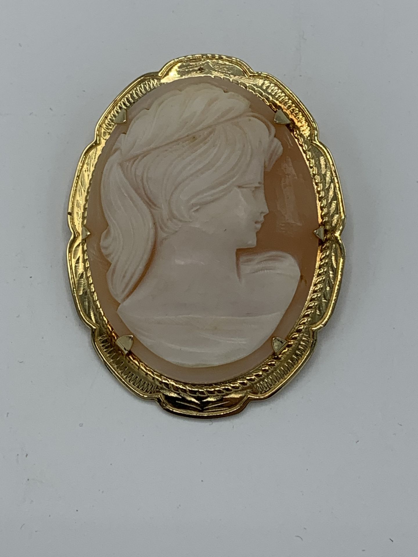 Large cameo brooch, diameter 6 x 4.5cms. Estimate £20-30.