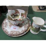 MacDonald china bowl decorated with hunting scenes; 2 Johnson Bros coaching scene plates and 3 horse