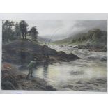 Framed and glazed print of """"Salmon fishing on the Dee"""" painted by Joseph Farquharson. Estimate