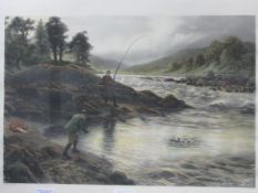 Framed and glazed print of """"Salmon fishing on the Dee"""" painted by Joseph Farquharson. Estimate