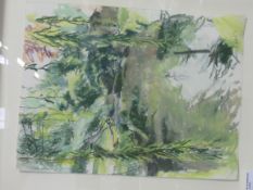 Mixed media picture of a forest scene signed by the artist; print of a ruin & a watercolour of a