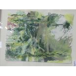 Mixed media picture of a forest scene signed by the artist; print of a ruin & a watercolour of a