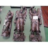 Pair of wooden figures of deities with cloisonne decorations, height 44cms, plus another similar.