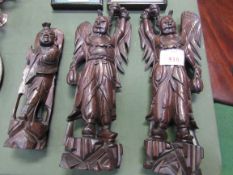 Pair of wooden figures of deities with cloisonne decorations, height 44cms, plus another similar.