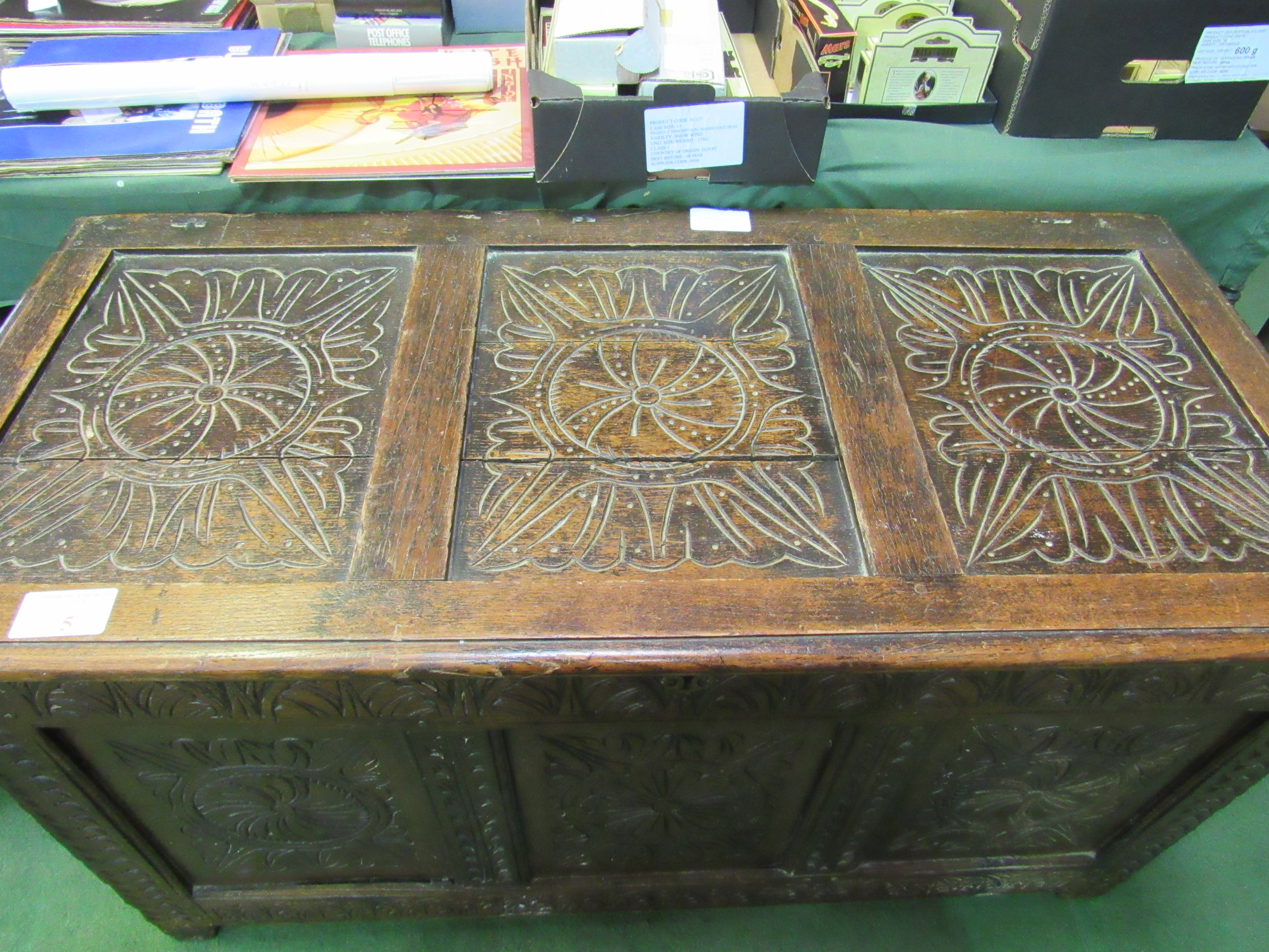 18th Century carved panel chest, as found. 123 x 56 x 66cms. Estimate £40-60. - Image 2 of 4