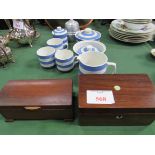 Mahogany tea caddy; mahogany lidded box; small quantity of blue/white Cornishware; lidded pot.