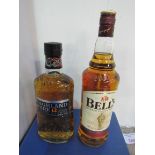 70cl bottle Highlands Park 12 year old single malt whisky and 1 litre bottle of Bells whisky.