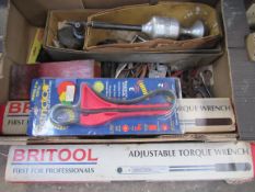 2 x Britool adjustable torque wrenches, quantity of spanners and other tools.