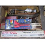 2 x Britool adjustable torque wrenches, quantity of spanners and other tools.