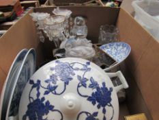 Assorted table ware, mainly blue and white and quartz carriage clock together with assorted