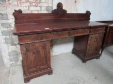 Mahogany pedestal sideboard with 4 frieze drawers, 2 cupboards & carved top upstand, 200 x 61 x