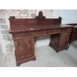 Mahogany pedestal sideboard with 4 frieze drawers, 2 cupboards & carved top upstand, 200 x 61 x