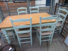 Laura Ashley pine top table and 5 string seat chairs and matching carver.