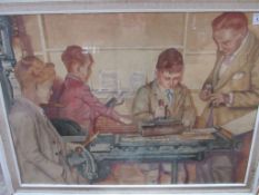 Framed and glazed watercolour of 3 boys and a Teacher at a lathe. 88 x 105cms.