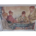 Framed and glazed watercolour of 3 boys and a Teacher at a lathe. 88 x 105cms.