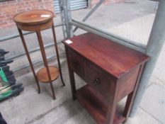 Small side table with 2 drawers and shelf below, 60 x 31 x 75cms together with inlaid mahogany pot