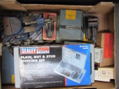 Box of various tools including Sealey plan nut and stud riveting set.