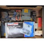 Box of various tools including Sealey plan nut and stud riveting set.