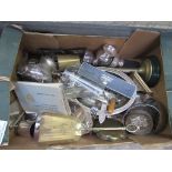 4 boxes of assorted metal ware; china ware; glass ware and quantity of LP's.