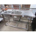 Stainless Steel 2 bowl sink unit 250 x 60 x 89cm.
