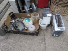 Various lamp shades and toaster and blender.