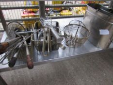 Quantity of wire frying baskets, stainless steel containers together with quantity of utensils.