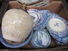 2 boxes of blue and white china and a Josiah Wedgwood tile.
