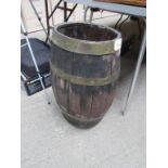 Brass bound rum barrel made into umbrella stand. Height 62cms.