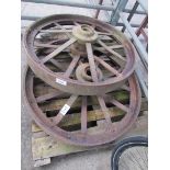 Pair original traction engine trailer iron wheels, 36 inch diameter.